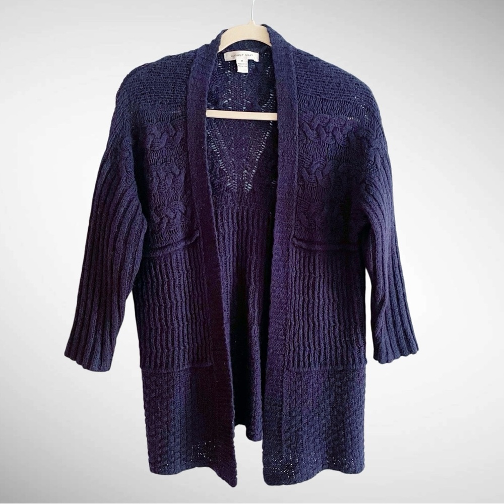 August Silk Navy Open Wool-Blend Knit Cardigan 3/4-Sleeves